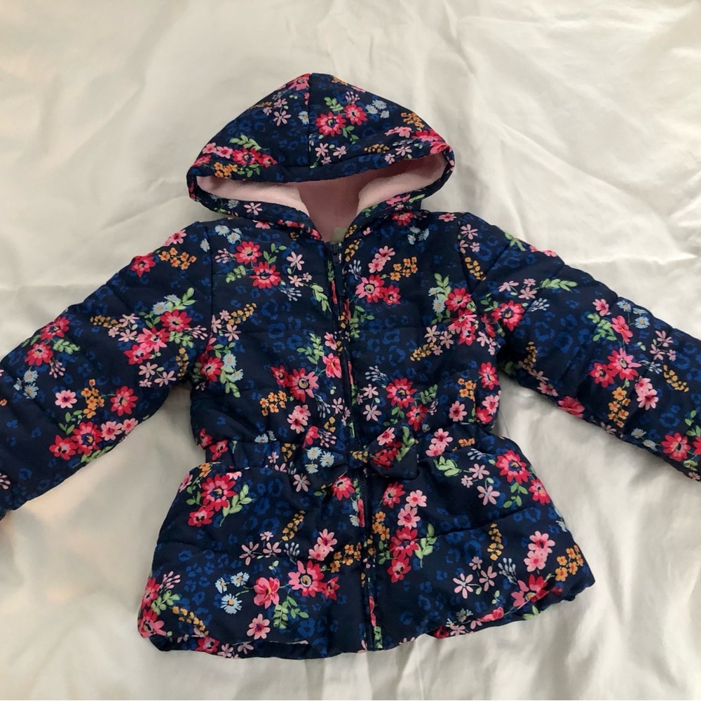 Little Me Floral Puffer Jacket Fleece lined - Blue and Pink